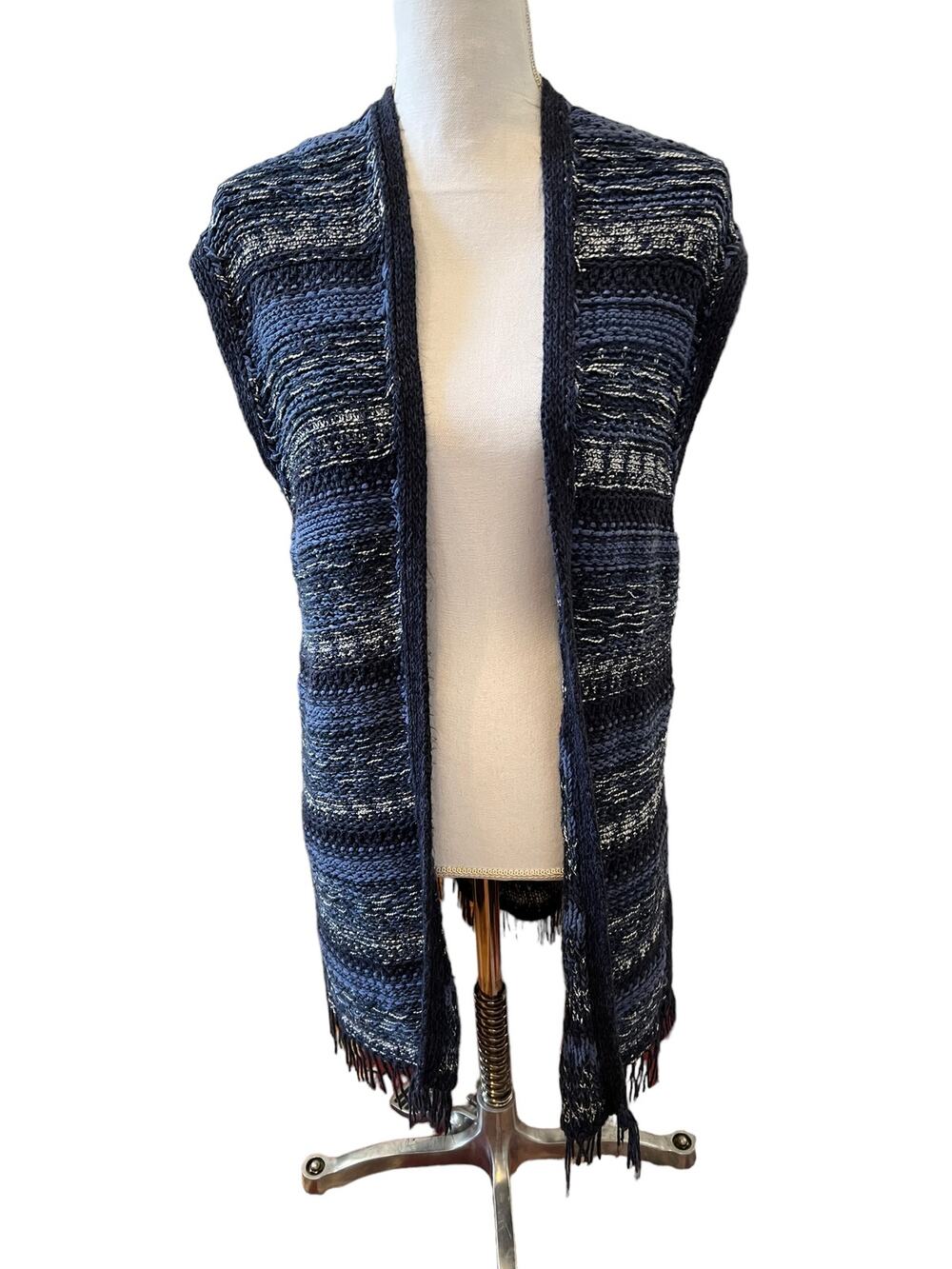 Massimo Dutti Open Knit Fringed Duster Sweater Vest Blue